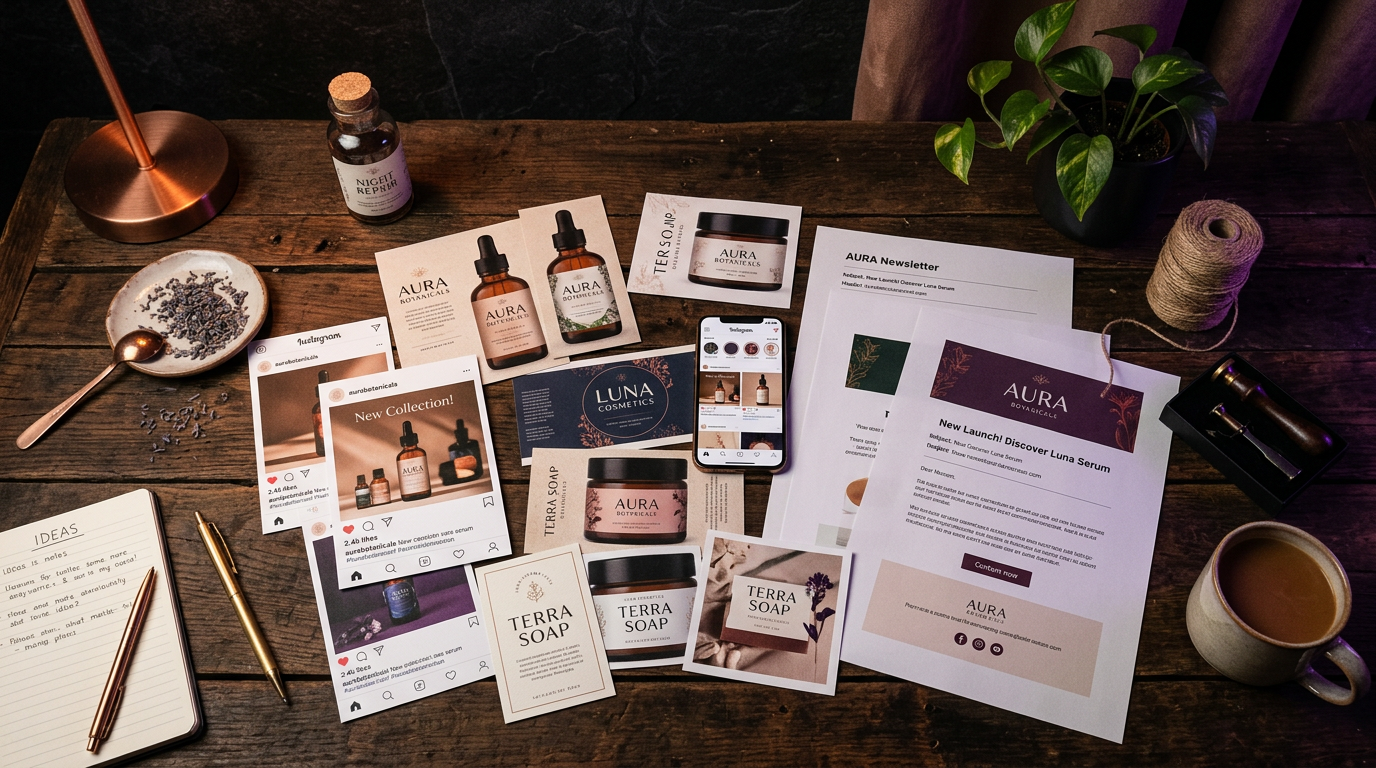 Criativos gerados pela Autor.ia — labels, mockups, posts e e-mails
